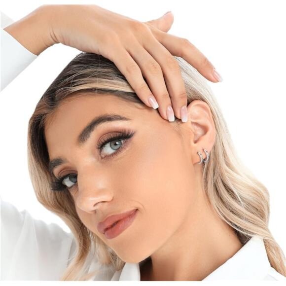 3 Pairs 925Sterling Silver Hoop Earrings 14K White Gold Plated Small Silver Hoop - Picture 3 of 6